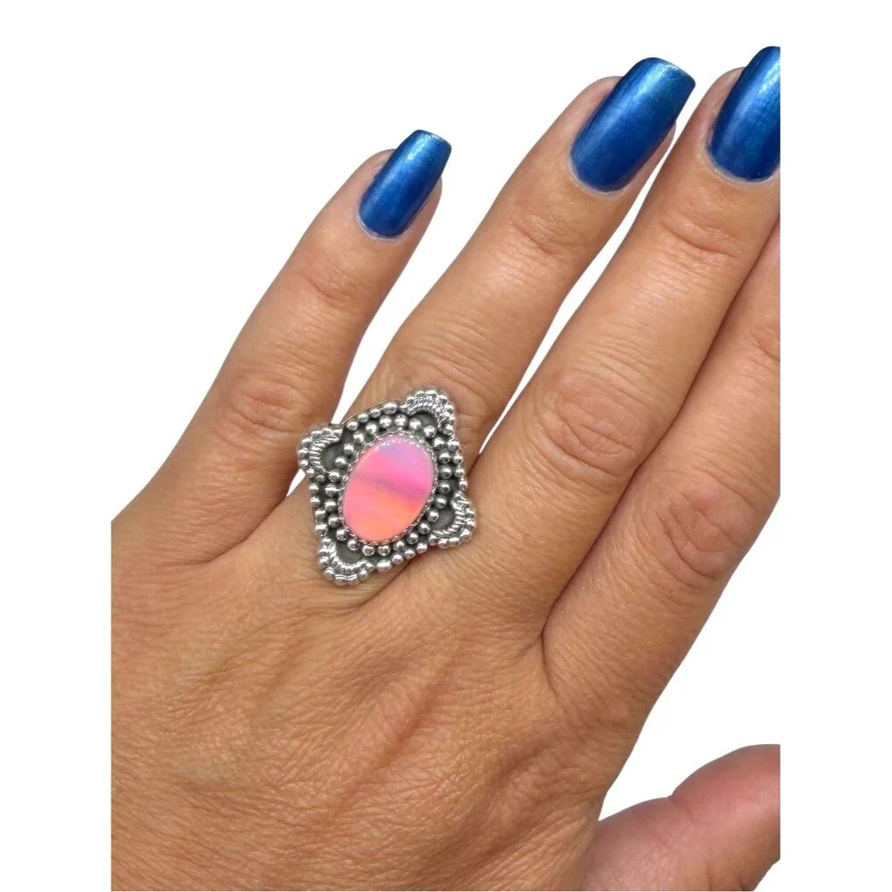 Aurora Fire Opal Ring Size 7 Solid 925 Sterling Silver Pink Aura Stone